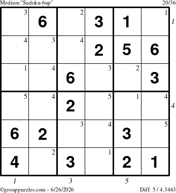 The grouppuzzles.com Medium Sudoku-6up puzzle for Friday June 26, 2026 with all 5 steps marked
