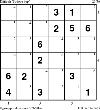 The grouppuzzles.com Difficult Sudoku-6up puzzle for Friday June 26, 2026, suitable for printing, with all 6 steps marked