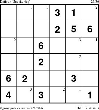 The grouppuzzles.com Difficult Sudoku-6up puzzle for Friday June 26, 2026 with the first 3 steps marked