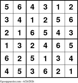 The grouppuzzles.com Answer grid for the Sudoku-6up puzzle for Friday June 26, 2026