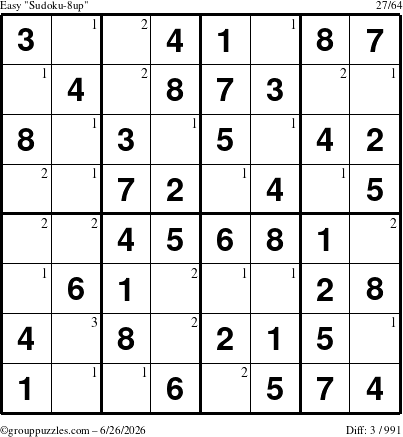 The grouppuzzles.com Easy Sudoku-8up puzzle for Friday June 26, 2026 with the first 3 steps marked
