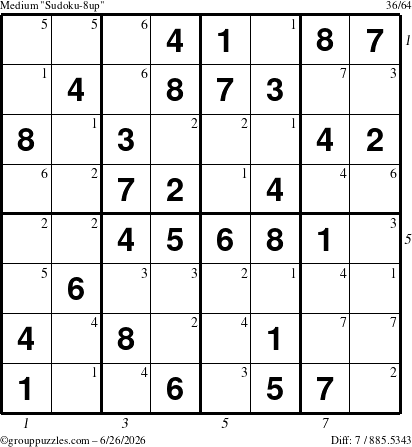The grouppuzzles.com Medium Sudoku-8up puzzle for Friday June 26, 2026, suitable for printing, with all 7 steps marked