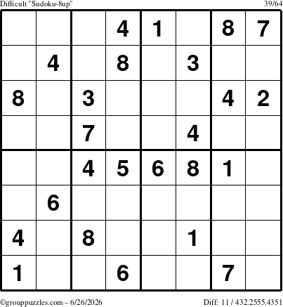 The grouppuzzles.com Difficult Sudoku-8up puzzle for Friday June 26, 2026