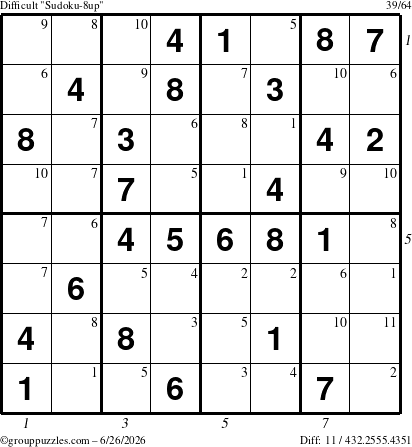 The grouppuzzles.com Difficult Sudoku-8up puzzle for Friday June 26, 2026 with all 11 steps marked
