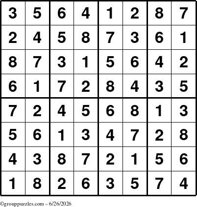 The grouppuzzles.com Answer grid for the Sudoku-8up puzzle for Friday June 26, 2026
