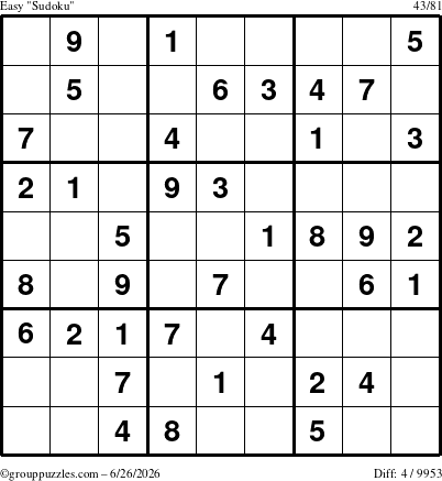 The grouppuzzles.com Easy Sudoku puzzle for Friday June 26, 2026