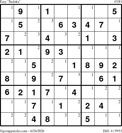 The grouppuzzles.com Easy Sudoku puzzle for Friday June 26, 2026 with the first 3 steps marked