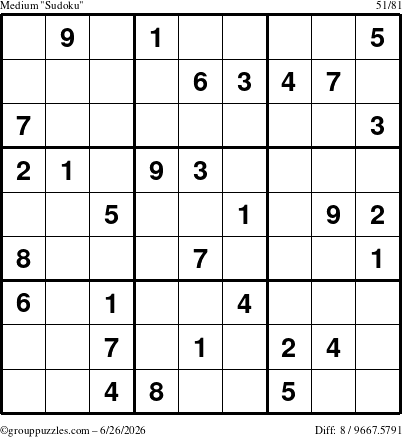 The grouppuzzles.com Medium Sudoku puzzle for Friday June 26, 2026