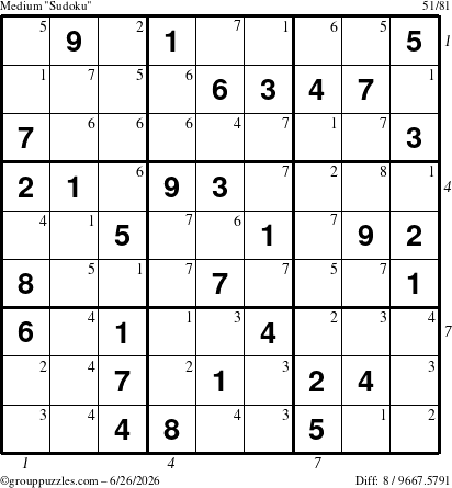 The grouppuzzles.com Medium Sudoku puzzle for Friday June 26, 2026, suitable for printing, with all 8 steps marked
