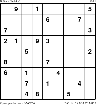 The grouppuzzles.com Difficult Sudoku puzzle for Friday June 26, 2026