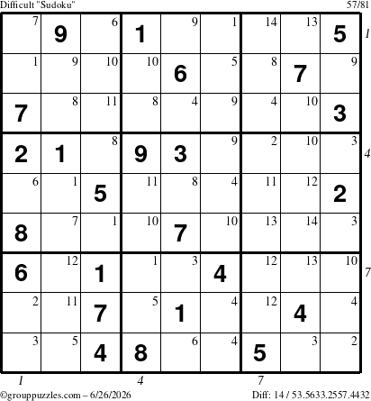 The grouppuzzles.com Difficult Sudoku puzzle for Friday June 26, 2026 with all 14 steps marked