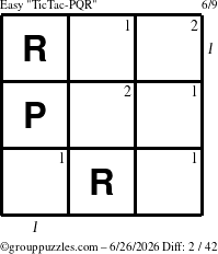 The grouppuzzles.com Easy TicTac-PQR puzzle for Friday June 26, 2026 with all 2 steps marked