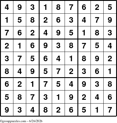 The grouppuzzles.com Answer grid for the Sudoku puzzle for Friday June 26, 2026