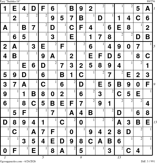 The grouppuzzles.com Easy Sudoku-16 puzzle for Friday June 26, 2026, suitable for printing, with all 3 steps marked