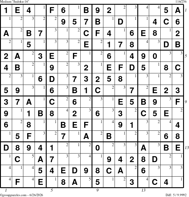The grouppuzzles.com Medium Sudoku-16 puzzle for Friday June 26, 2026, suitable for printing, with all 5 steps marked
