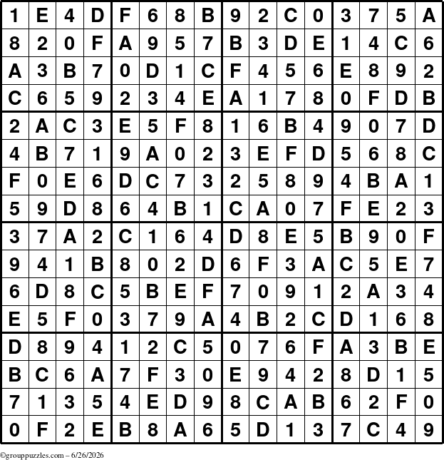 The grouppuzzles.com Answer grid for the Sudoku-16 puzzle for Friday June 26, 2026