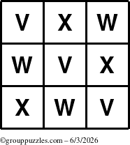 The grouppuzzles.com Answer grid for the TicTac-VWX puzzle for Wednesday June 3, 2026