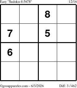 The grouppuzzles.com Easy Sudoku-4-5678 puzzle for Wednesday June 3, 2026