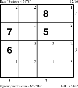 The grouppuzzles.com Easy Sudoku-4-5678 puzzle for Wednesday June 3, 2026 with all 3 steps marked