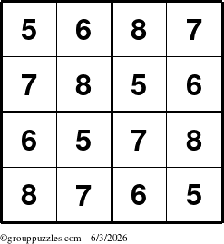 The grouppuzzles.com Answer grid for the Sudoku-4-5678 puzzle for Wednesday June 3, 2026