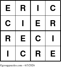 The grouppuzzles.com Answer grid for the Eric puzzle for Wednesday June 3, 2026