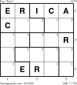 The grouppuzzles.com Easy Erica puzzle for Wednesday June 3, 2026, suitable for printing, with all 3 steps marked