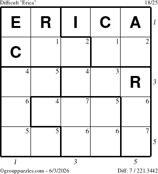 The grouppuzzles.com Difficult Erica puzzle for Wednesday June 3, 2026, suitable for printing, with all 7 steps marked