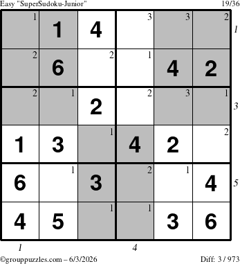 The grouppuzzles.com Easy SuperSudoku-Junior puzzle for Wednesday June 3, 2026 with all 3 steps marked