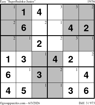 The grouppuzzles.com Easy SuperSudoku-Junior puzzle for Wednesday June 3, 2026 with the first 3 steps marked