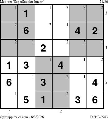 The grouppuzzles.com Medium SuperSudoku-Junior puzzle for Wednesday June 3, 2026 with all 3 steps marked