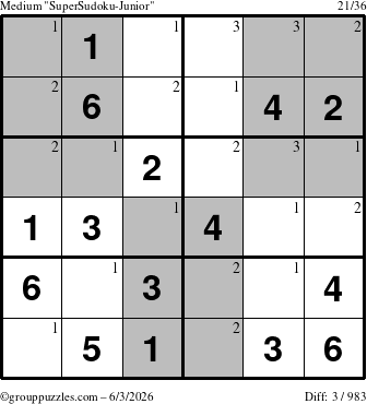 The grouppuzzles.com Medium SuperSudoku-Junior puzzle for Wednesday June 3, 2026 with the first 3 steps marked