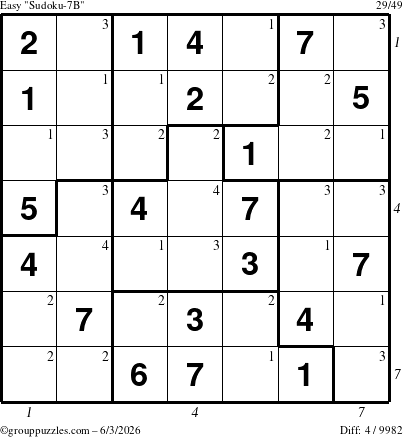 The grouppuzzles.com Easy Sudoku-7B puzzle for Wednesday June 3, 2026, suitable for printing, with all 4 steps marked