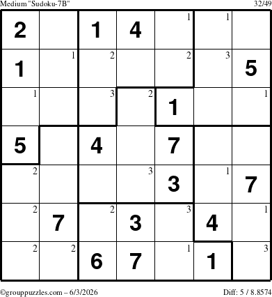The grouppuzzles.com Medium Sudoku-7B puzzle for Wednesday June 3, 2026 with the first 3 steps marked