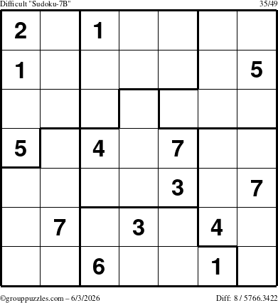 The grouppuzzles.com Difficult Sudoku-7B puzzle for Wednesday June 3, 2026