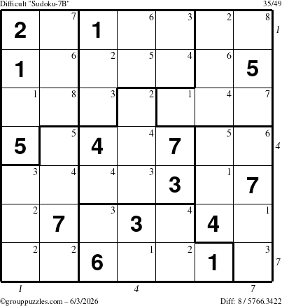 The grouppuzzles.com Difficult Sudoku-7B puzzle for Wednesday June 3, 2026, suitable for printing, with all 8 steps marked
