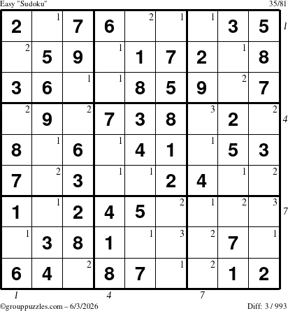 The grouppuzzles.com Easy Sudoku puzzle for Wednesday June 3, 2026 with all 3 steps marked