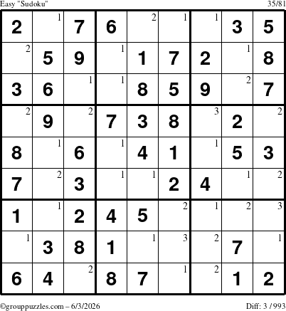 The grouppuzzles.com Easy Sudoku puzzle for Wednesday June 3, 2026 with the first 3 steps marked