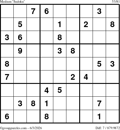 The grouppuzzles.com Medium Sudoku puzzle for Wednesday June 3, 2026