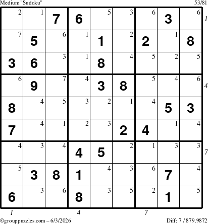 The grouppuzzles.com Medium Sudoku puzzle for Wednesday June 3, 2026 with all 7 steps marked