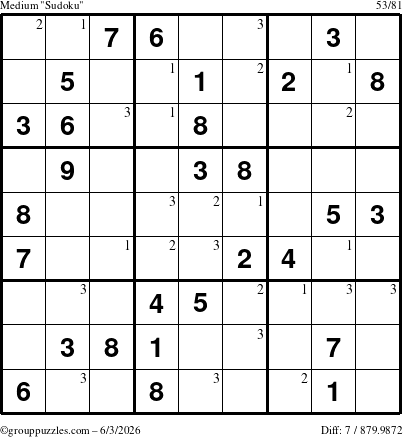 The grouppuzzles.com Medium Sudoku puzzle for Wednesday June 3, 2026 with the first 3 steps marked