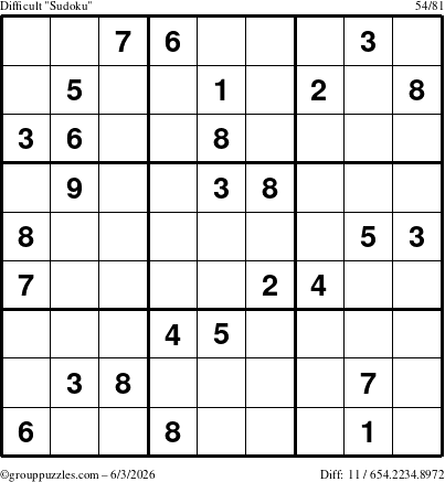 The grouppuzzles.com Difficult Sudoku puzzle for Wednesday June 3, 2026