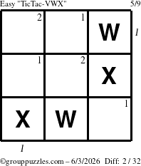 The grouppuzzles.com Easy TicTac-VWX puzzle for Wednesday June 3, 2026 with all 2 steps marked