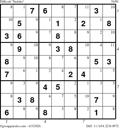 The grouppuzzles.com Difficult Sudoku puzzle for Wednesday June 3, 2026, suitable for printing, with all 11 steps marked