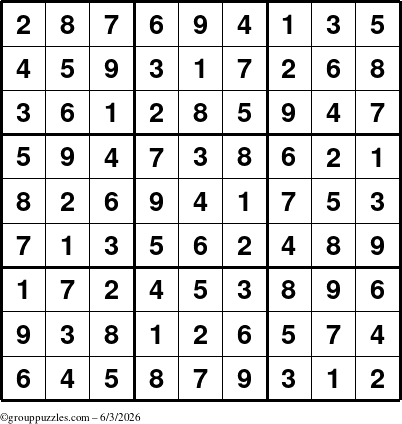The grouppuzzles.com Answer grid for the Sudoku puzzle for Wednesday June 3, 2026