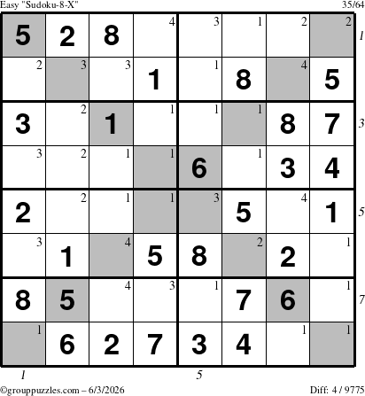 The grouppuzzles.com Easy Sudoku-8-X puzzle for Wednesday June 3, 2026, suitable for printing, with all 4 steps marked