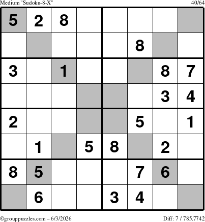 The grouppuzzles.com Medium Sudoku-8-X puzzle for Wednesday June 3, 2026