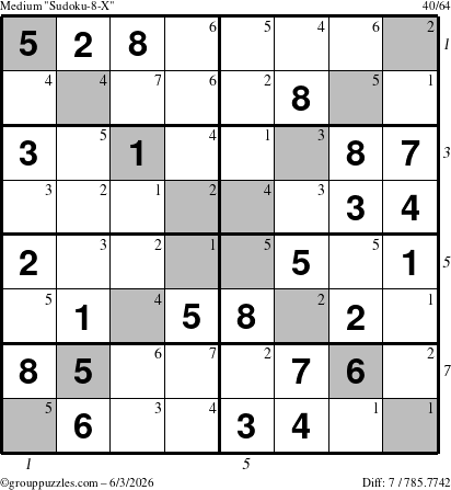The grouppuzzles.com Medium Sudoku-8-X puzzle for Wednesday June 3, 2026 with all 7 steps marked