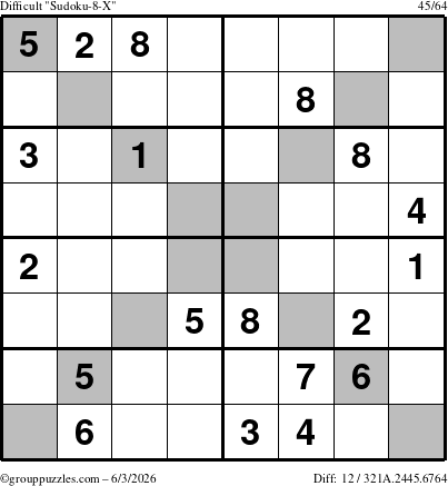The grouppuzzles.com Difficult Sudoku-8-X puzzle for Wednesday June 3, 2026