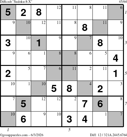 The grouppuzzles.com Difficult Sudoku-8-X puzzle for Wednesday June 3, 2026, suitable for printing, with all 12 steps marked
