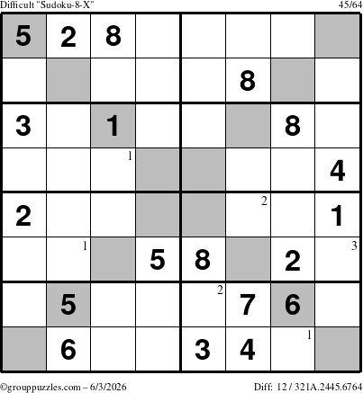 The grouppuzzles.com Difficult Sudoku-8-X puzzle for Wednesday June 3, 2026 with the first 3 steps marked
